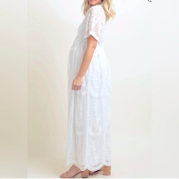 Pink Blush Lace Maternity White Maxi Dress with Sheer Flutter Sleeves - Picture 7 of 10